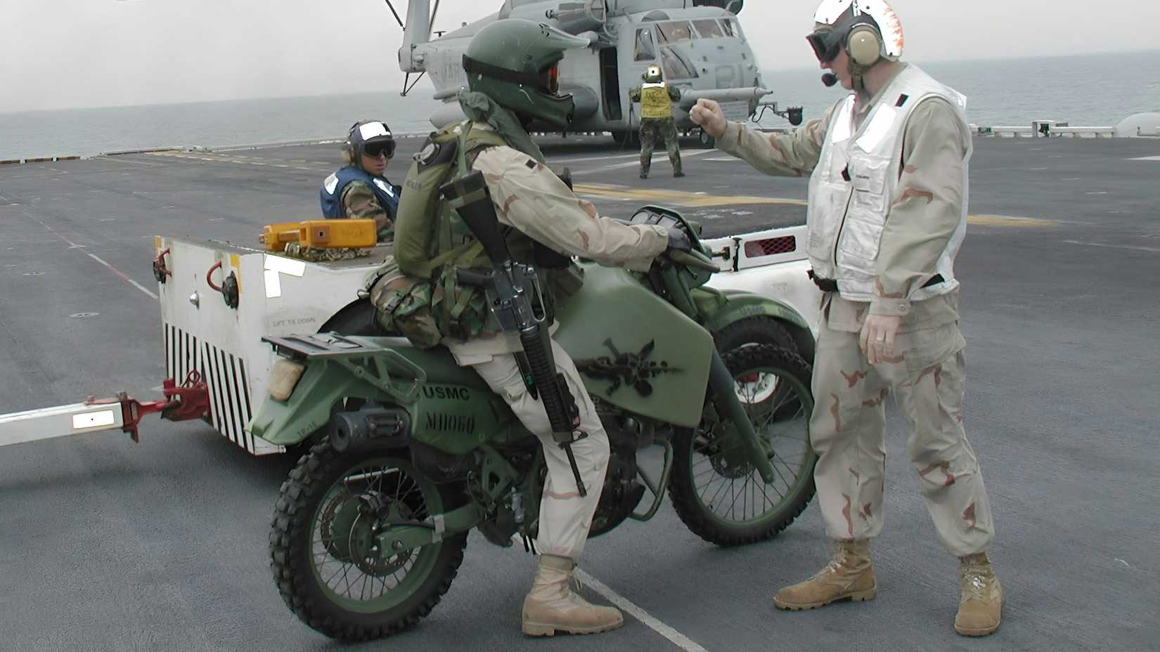Kawasaki KLR650 military-spec model with diesel engine, rear third quarter view