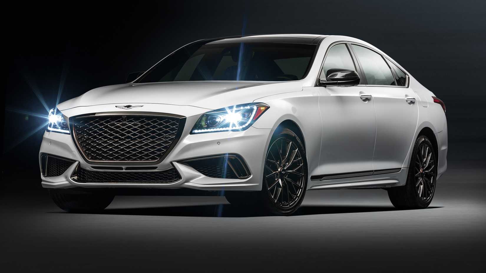 White 2018 Genesis G80 Sport front 3/4 shot parked in studio