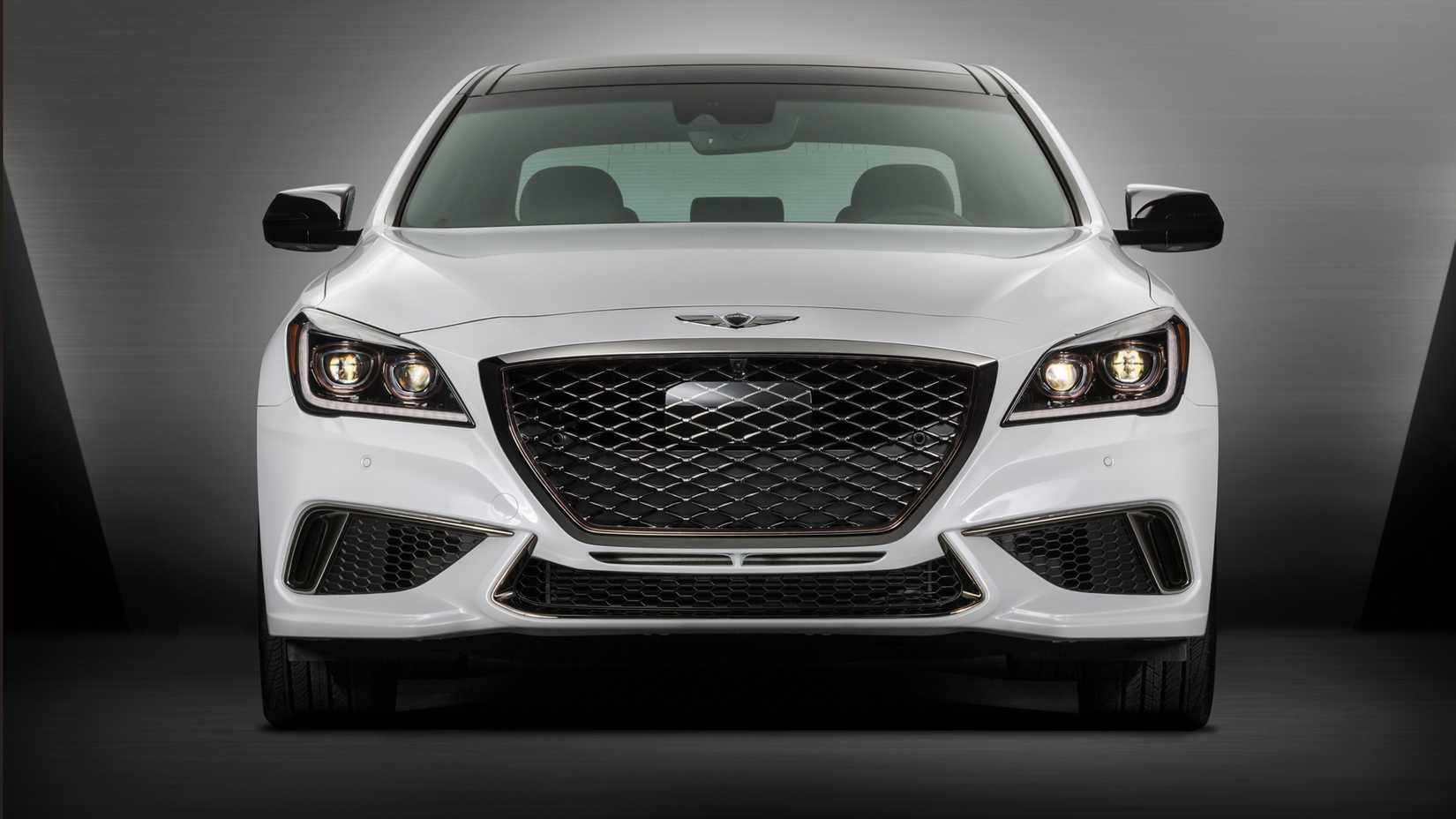 White 2018 Genesis G80 Sport front shot parked in studio