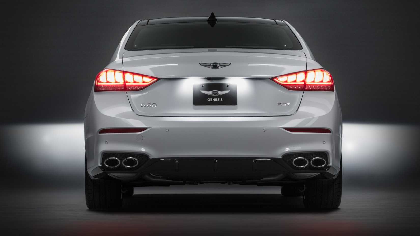 White 2018 Genesis G80 Sport rear shot sparked in studio