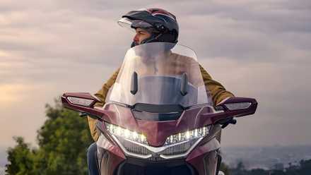 2026 Honda Gold Wing Tour with its electrically adjustable windscreen, front fascia close-up shot