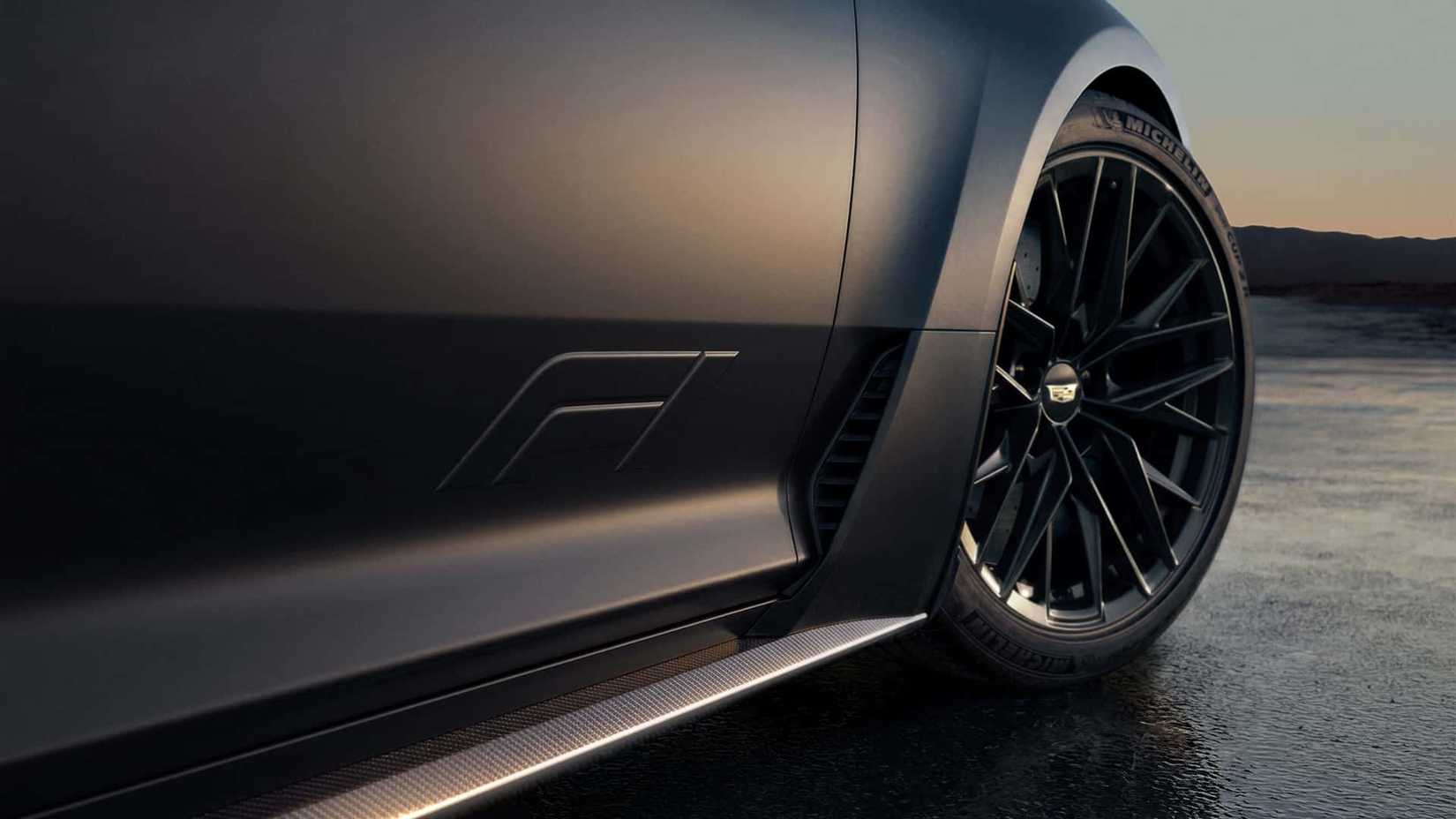 A close-up shot of the front wheel of a black 2026 Cadillac CT5-V Blackwing F1 Collector Series.
