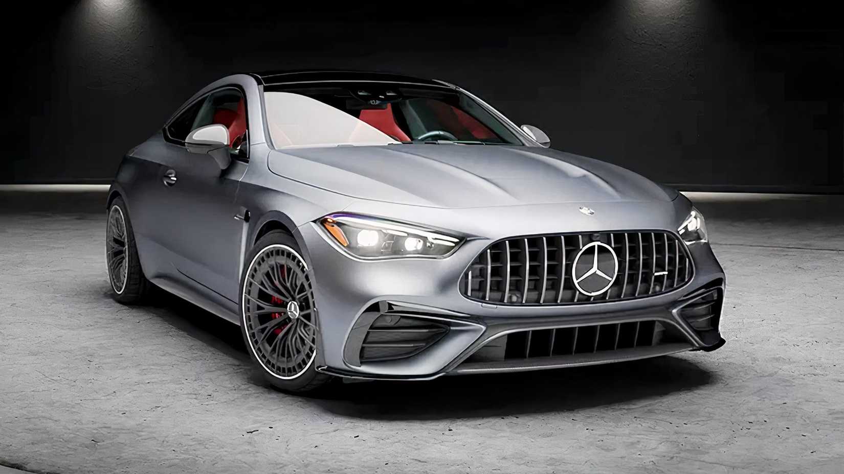 Um Mercedes-AMG CLE 53 Coupe 2026 mostra sua frente enquanto estacionado para uma foto de estúdio