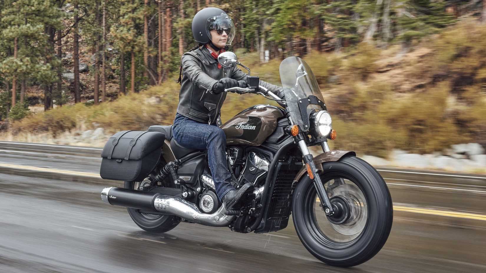 2026 Indian Super Scout on the road rolling front third quarter shot