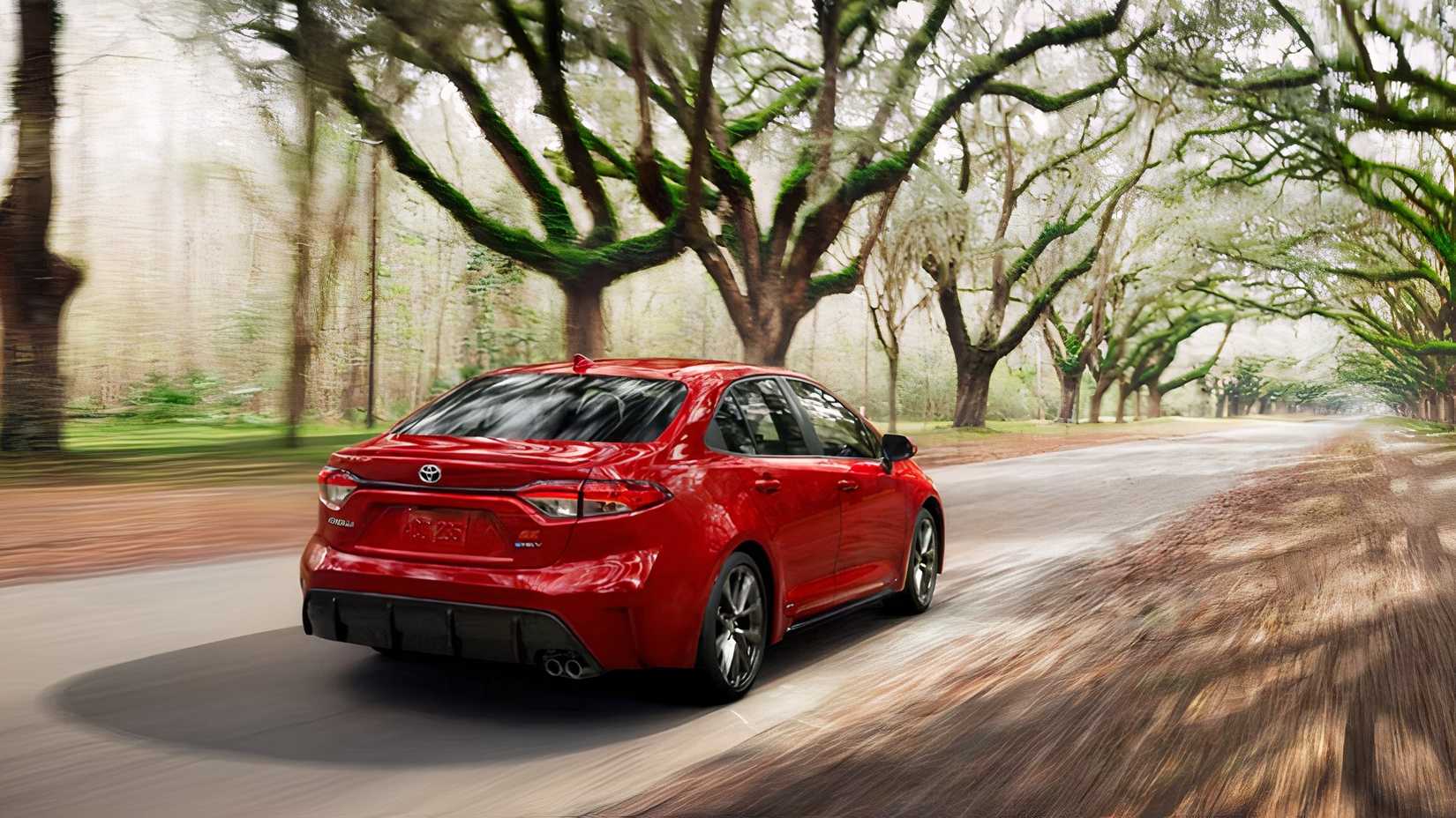 2026 Toyota Corolla sedan traseiro 3/4 tiro dirigindo pela estrada da floresta