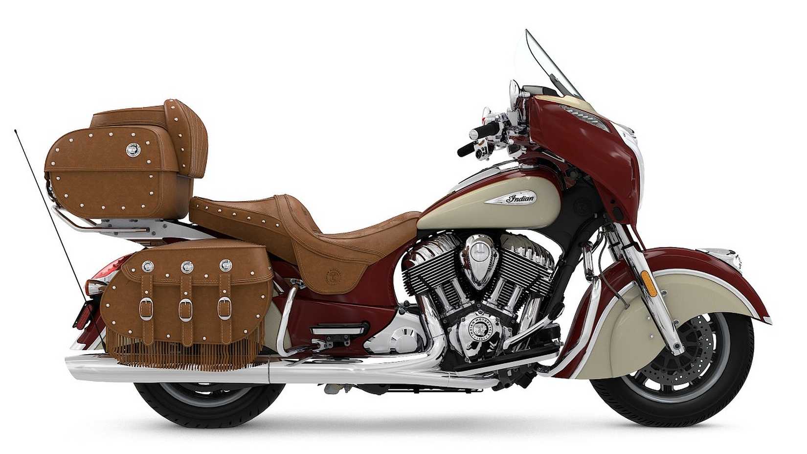 Foto de estúdio do lado direito do Indian Roadmaster com colorway em dois tons e assento e bagagem com tachas de couro