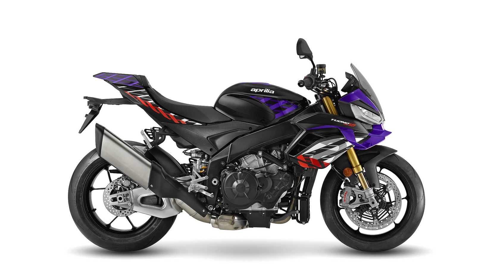 Foto de estúdio do lado direito da Aprilia Tuono V4 Factory em shakedown índigo