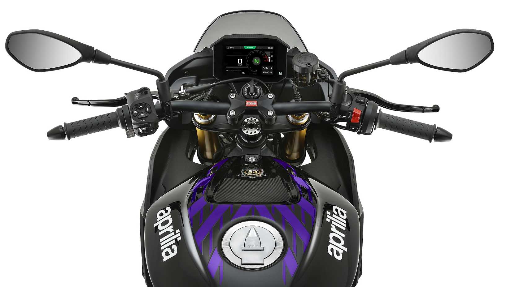 Foto de estúdio do guiador e painel de instrumentos da Aprilia Tuono V4 Factory em shakedown índigo