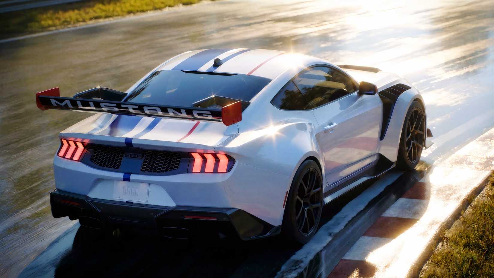 Foto aérea traseira 3/4 externa do Ford Mustang GTD Spirit of America