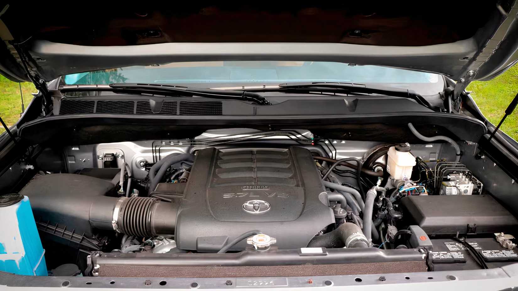 2020 Toyota Tundra engine bay showing 3UR-FE V8