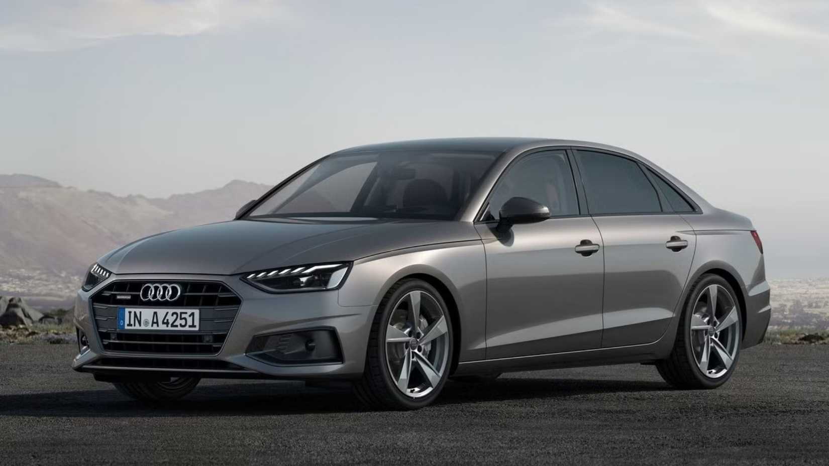 Foto frontal 3/4 de um Audi A4 2023 estacionado na estrada