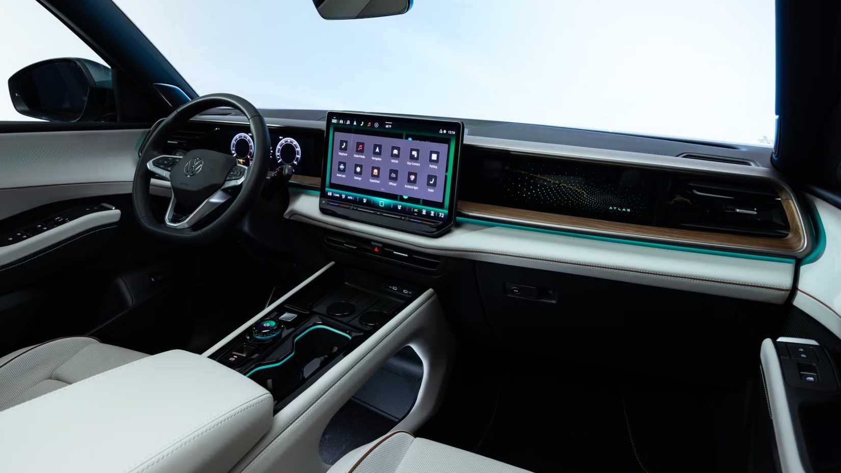 Interior shot of a 2027 Volkswagen Atlas showing front cabin and dash