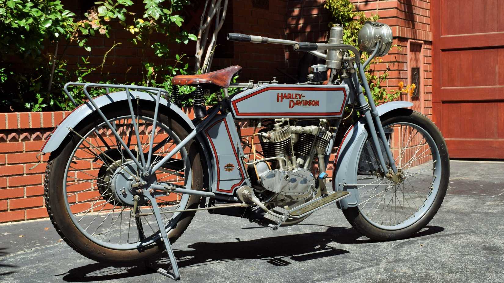 1914 Harley-Davidson Twin parked in a driveway