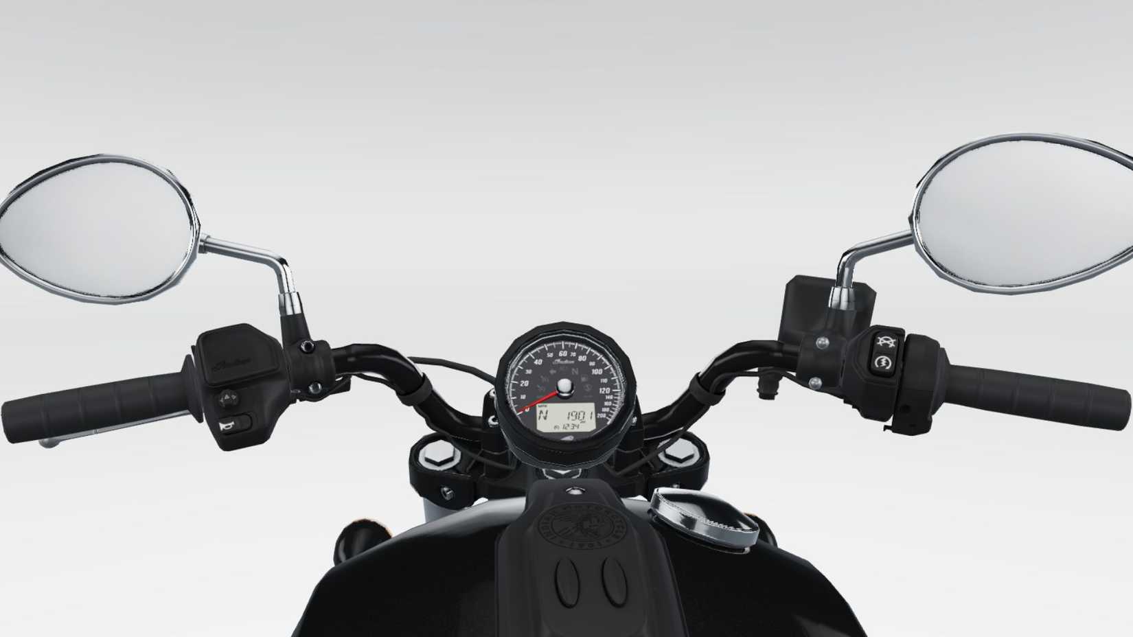 Close do conjunto de instrumentação 2026 Indian Scout Sixty Bobber.