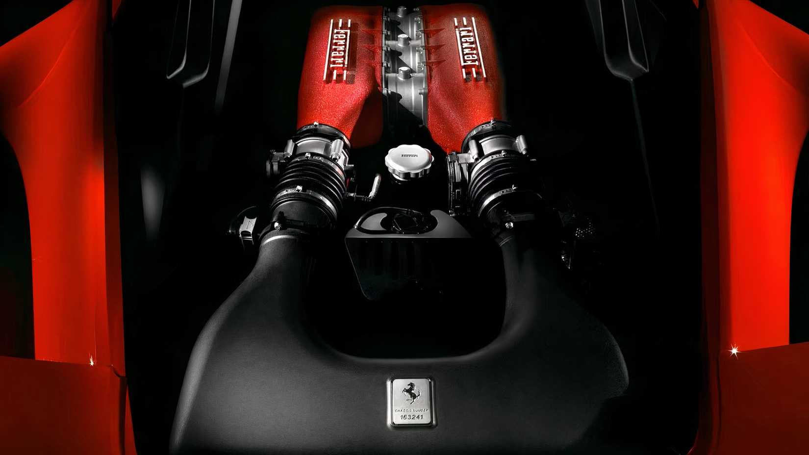 Close-up shot of the 2011 Ferrari 458 Italia engine