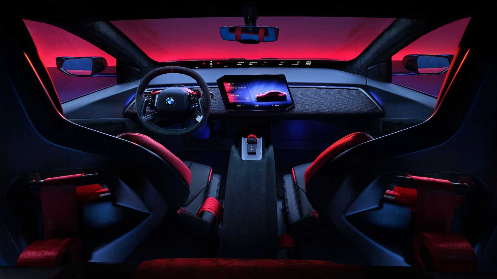 Foto do interior mostrando os bancos dianteiros e o painel do BMW Concept M Neue Klasse