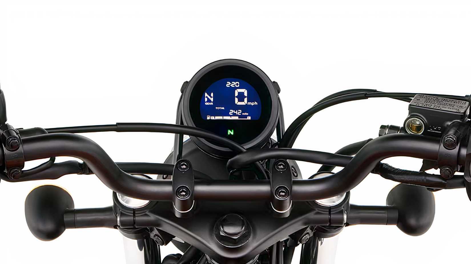 Close do painel de instrumentos de uma Honda SCL500 2026