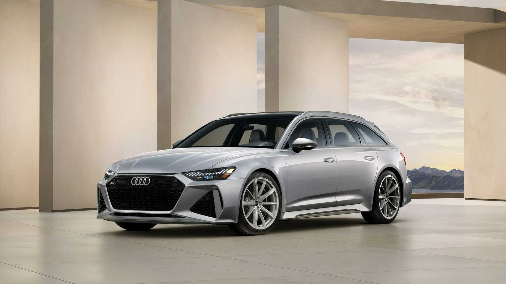 Front 3/4 shot of 2026 Audi RS6 Avant Performance in silver parked