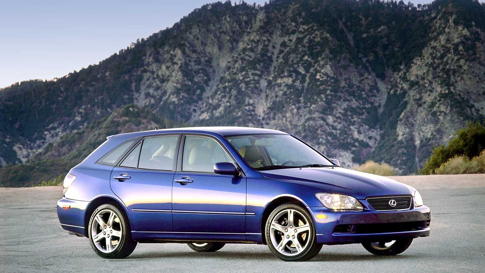 Static front 34 shot of a blue Lexus IS300 SportsCross 