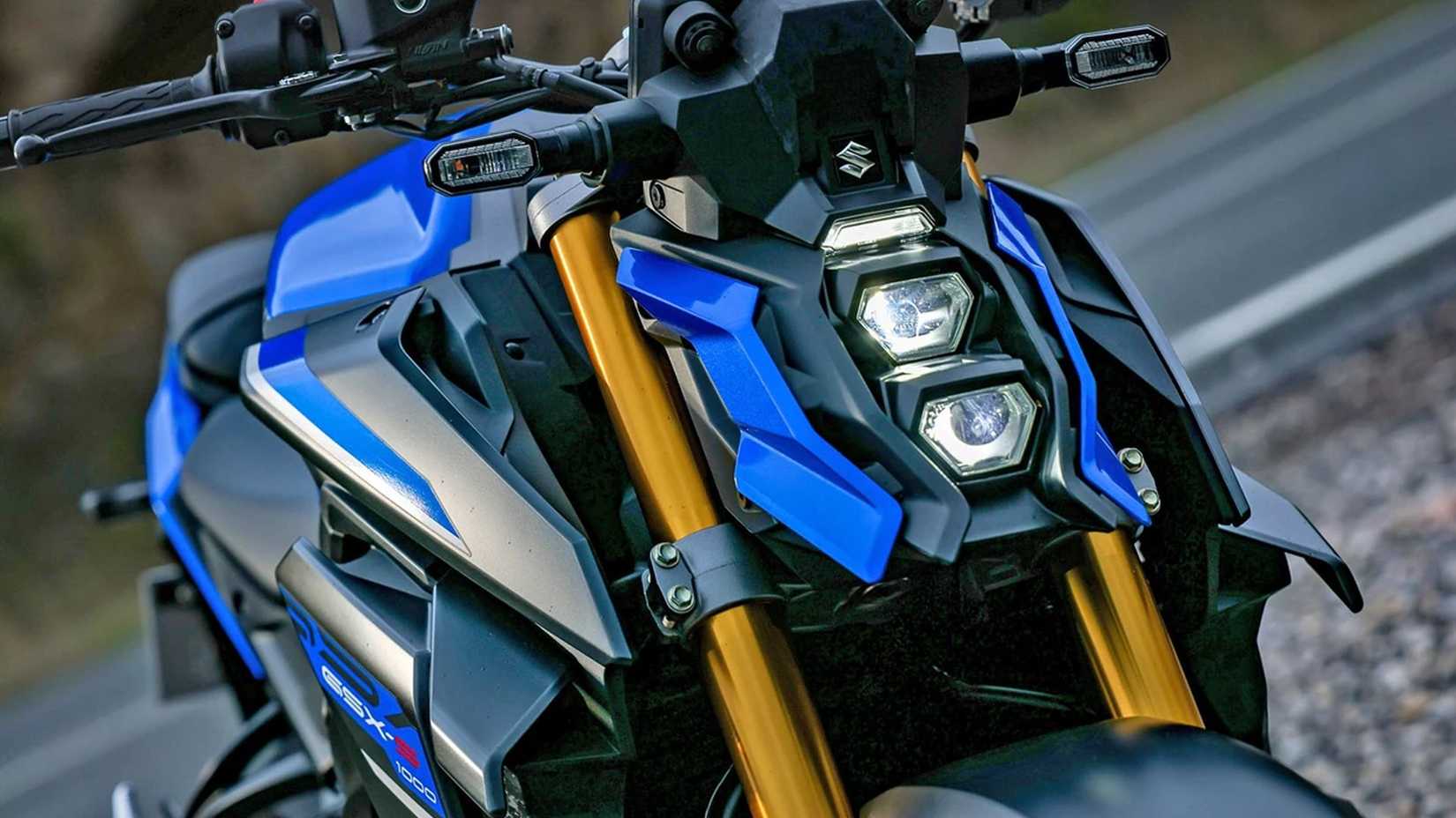 Closeup shot of a Suzuki GSX-S1000's front fascia