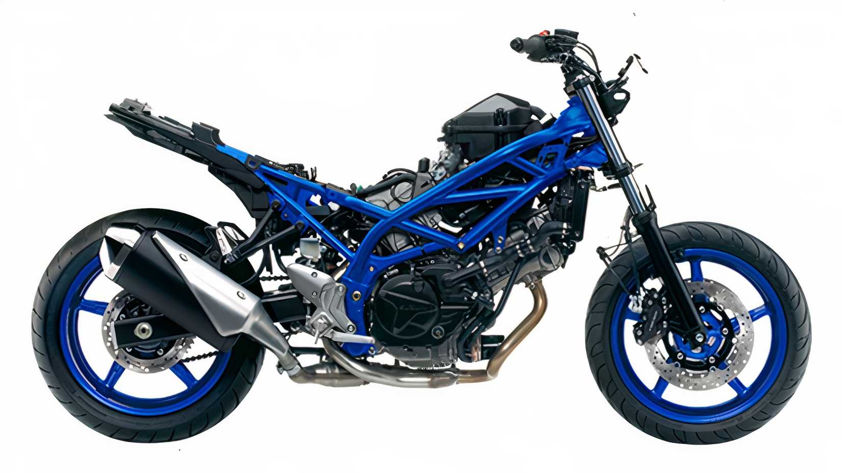 A cutaway image of the Suzuki SV650 showing its simple mechanics