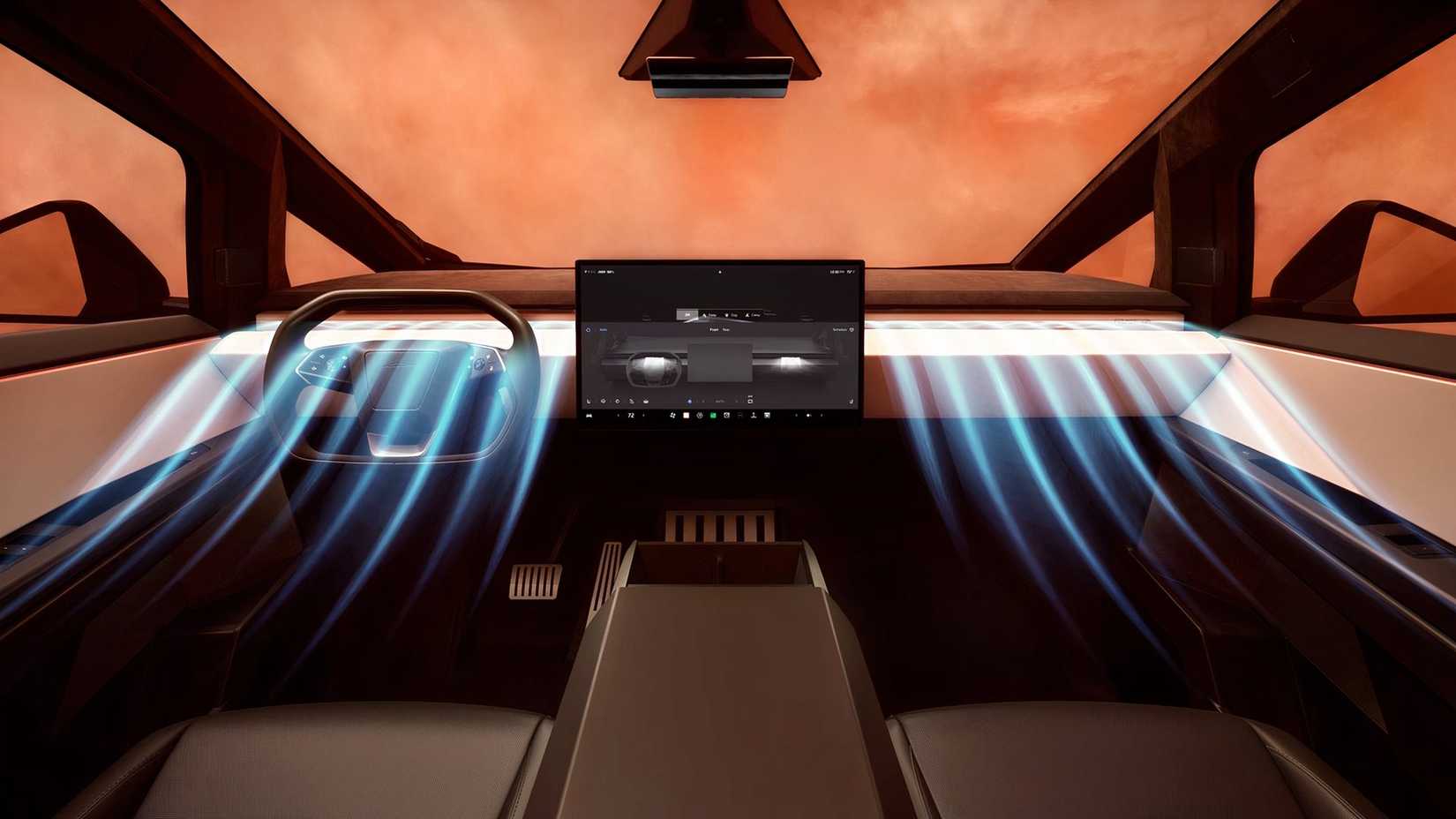 Foto interna de um Tesla Cybertruck com fluxo de ar gerado por computador
