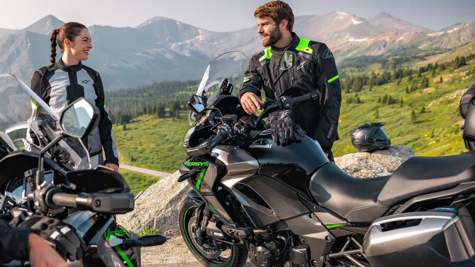 Two 2025 Kawasaki Versys 1100 SE LT parked in the hills