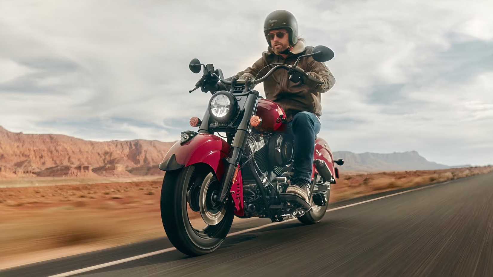 Action shot of the 2026 Indian Chief Vintage front quarter view