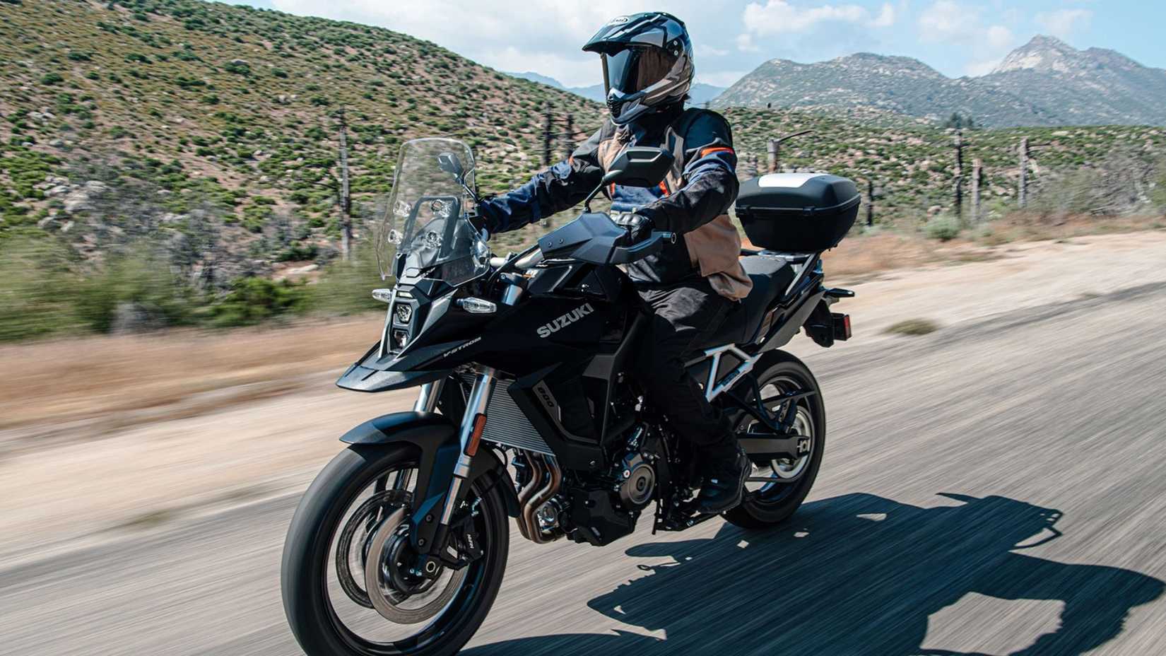 Front view action shot of the 2026 Suzuki V-Strom 800 Touring