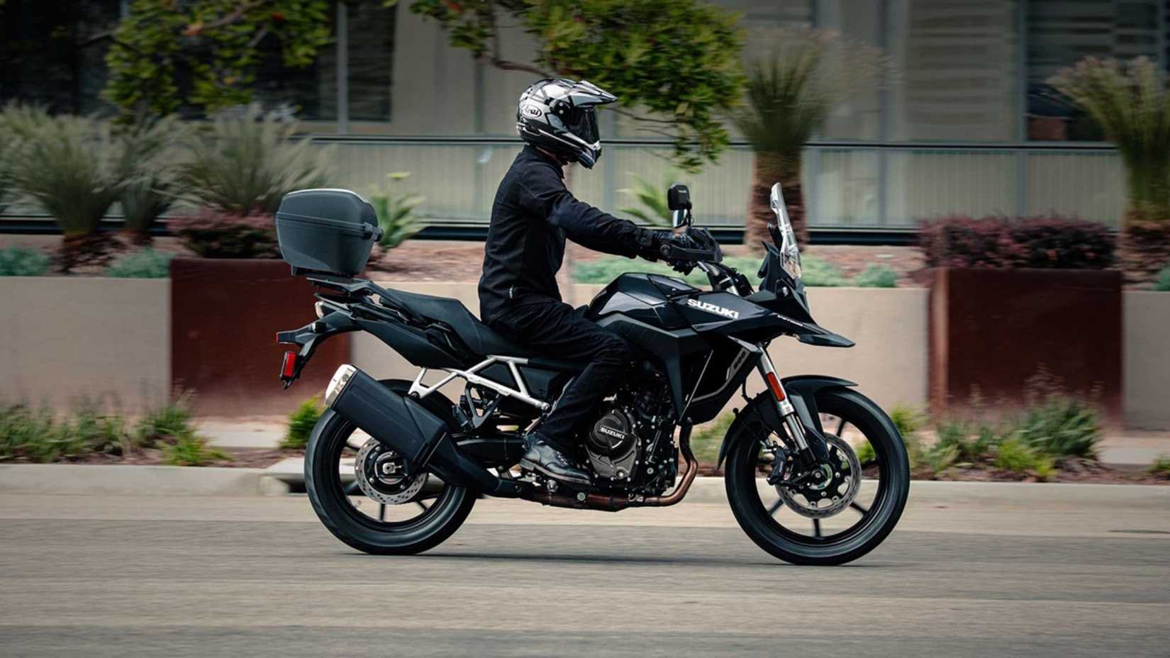 Static side profile shot of the 2026 Suzuki V-Strom 800 Touring with the rider
