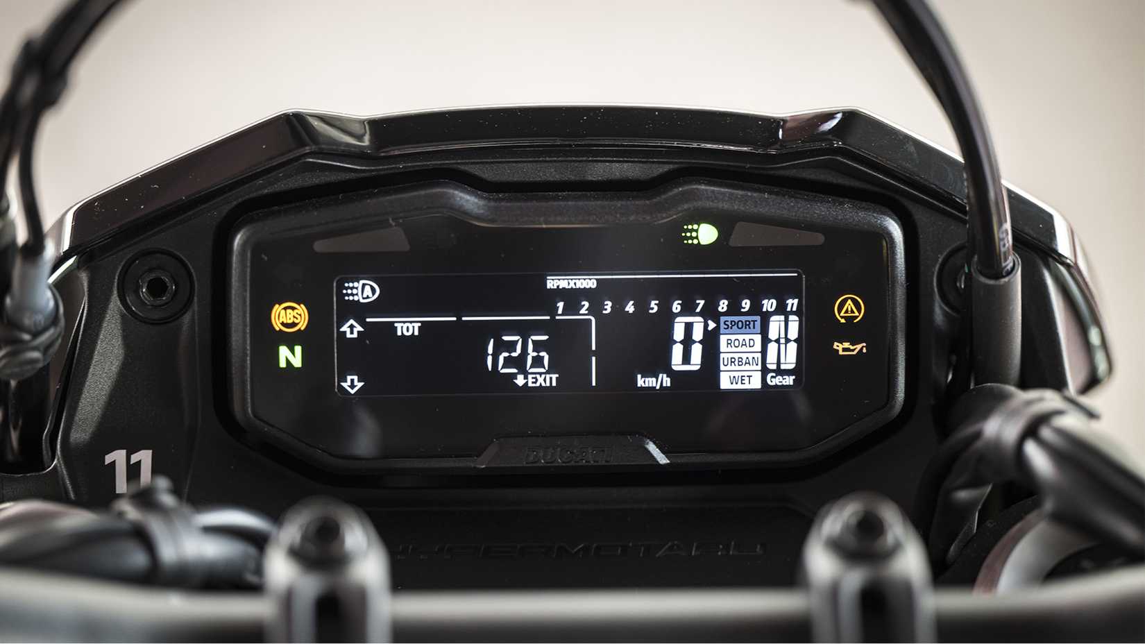 Close-up of the Ducati Hypermotard 698 LCD dash