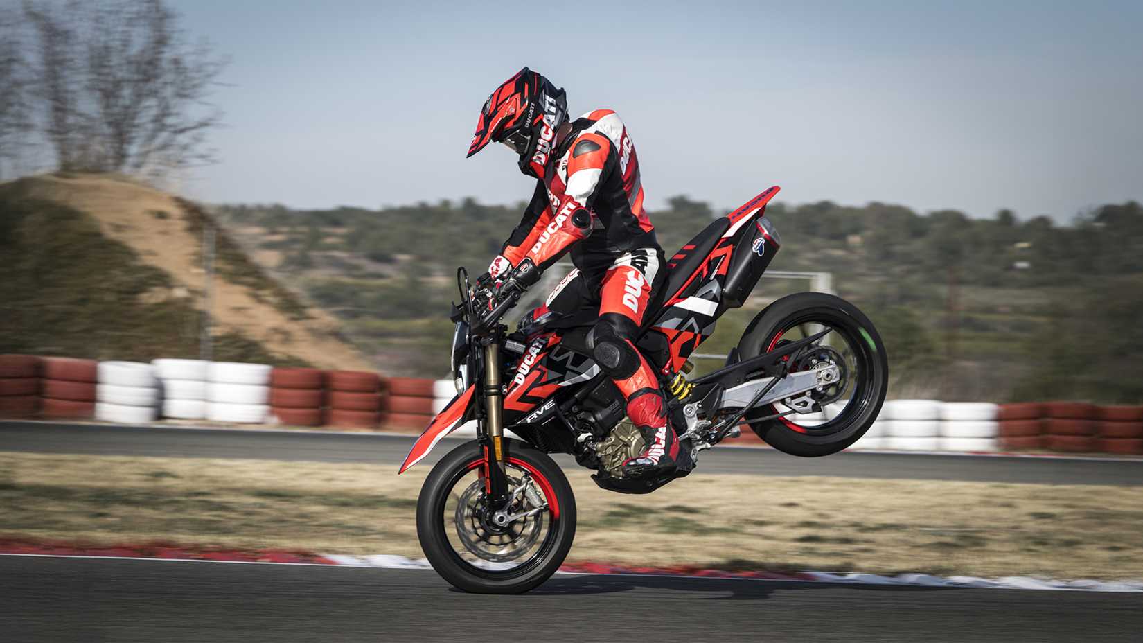 An action shot of the Ducati Hypermotard 698 Mid Stoppy