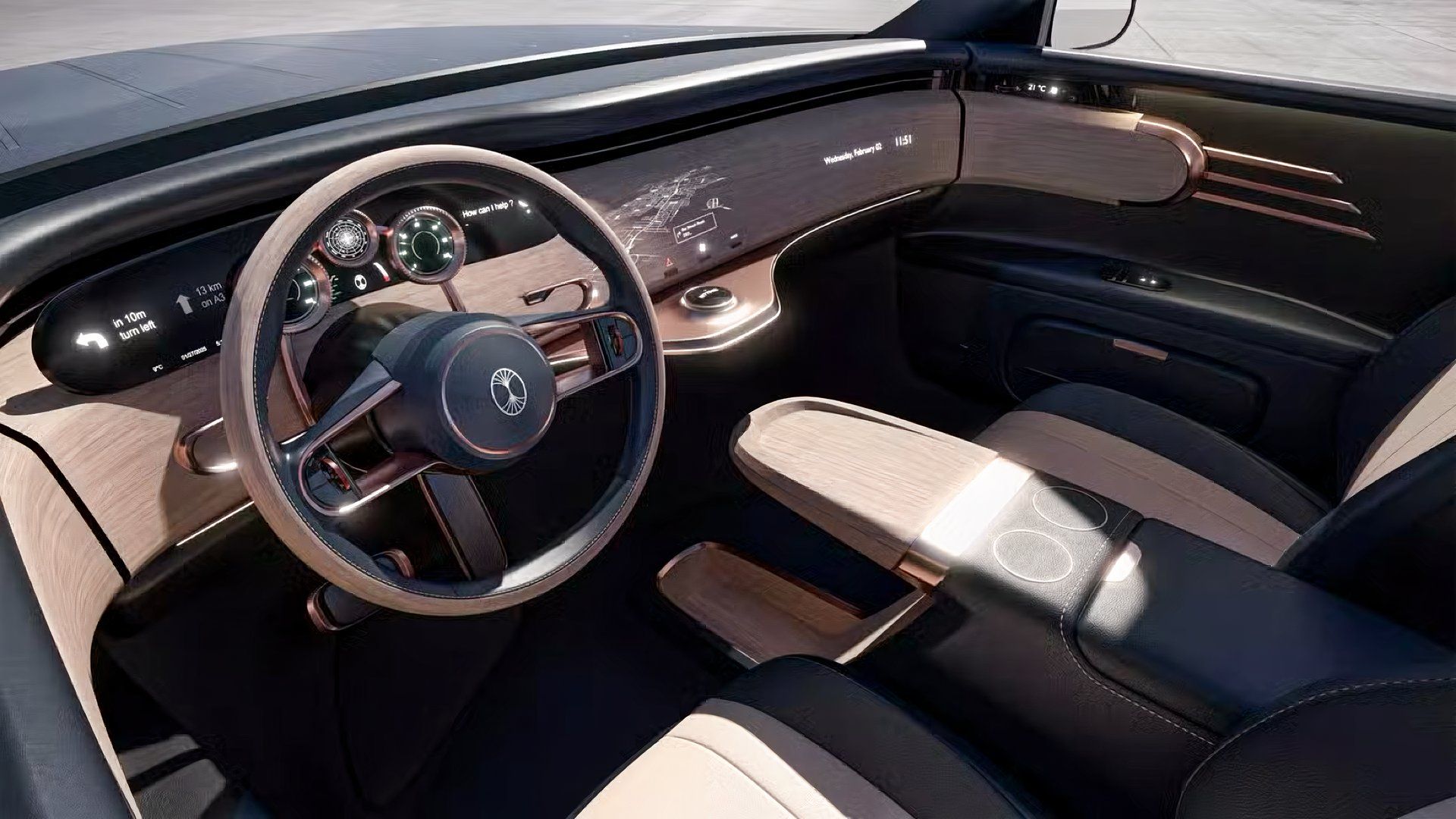 Shot of Dacora luxury car interior showing cabin