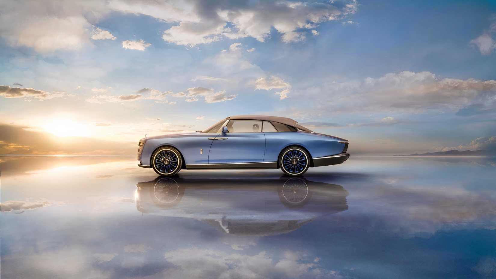 Profile shot of 2021 Rolls-Royce Boat Tail parked on beach