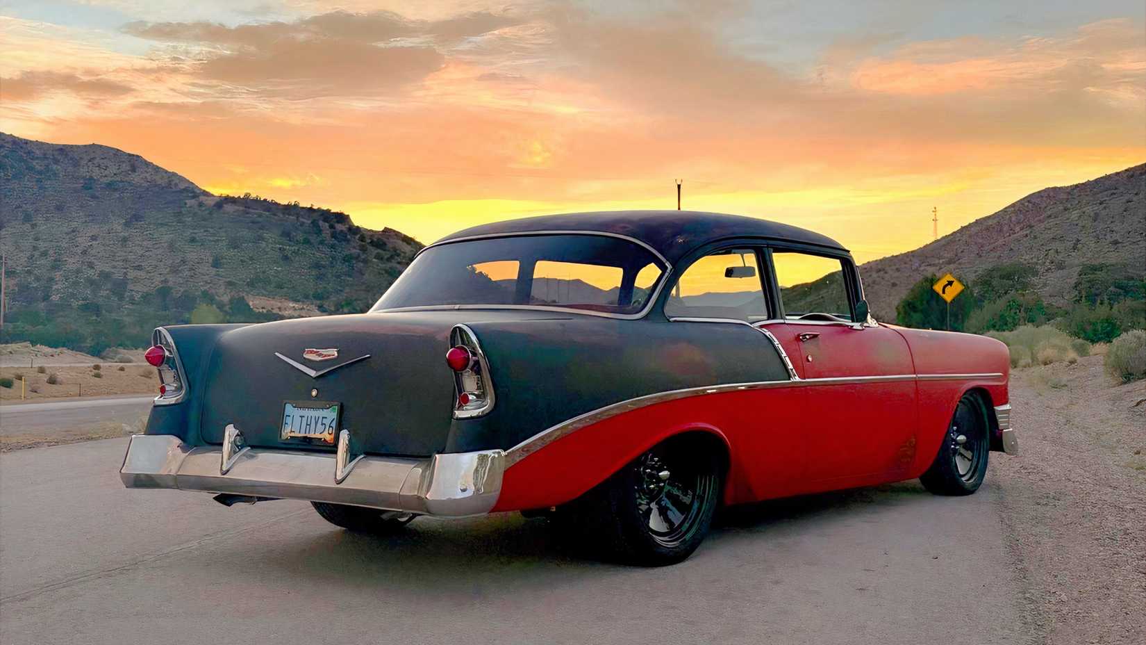 3/4 Rear and passenger side view of a 1956 Chevy 210 Tri-Five restored by Mike C. of Las Vegas