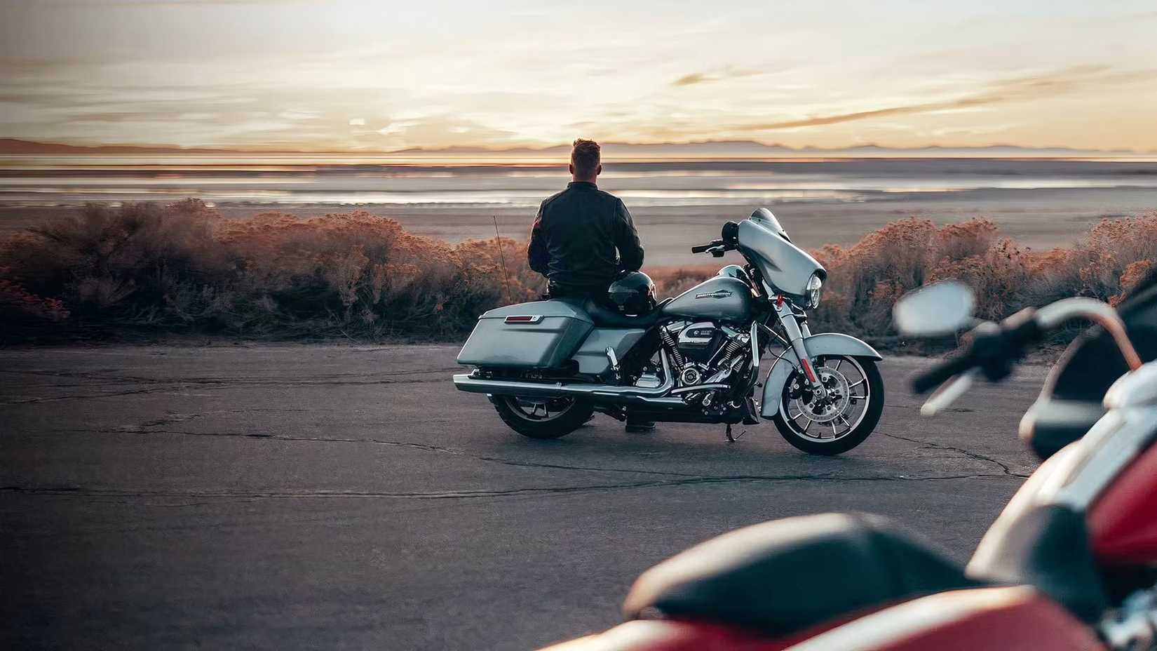 A rider gazing at the horizon while sitting on a 2023 Harley-Davidson Street Glide static shot