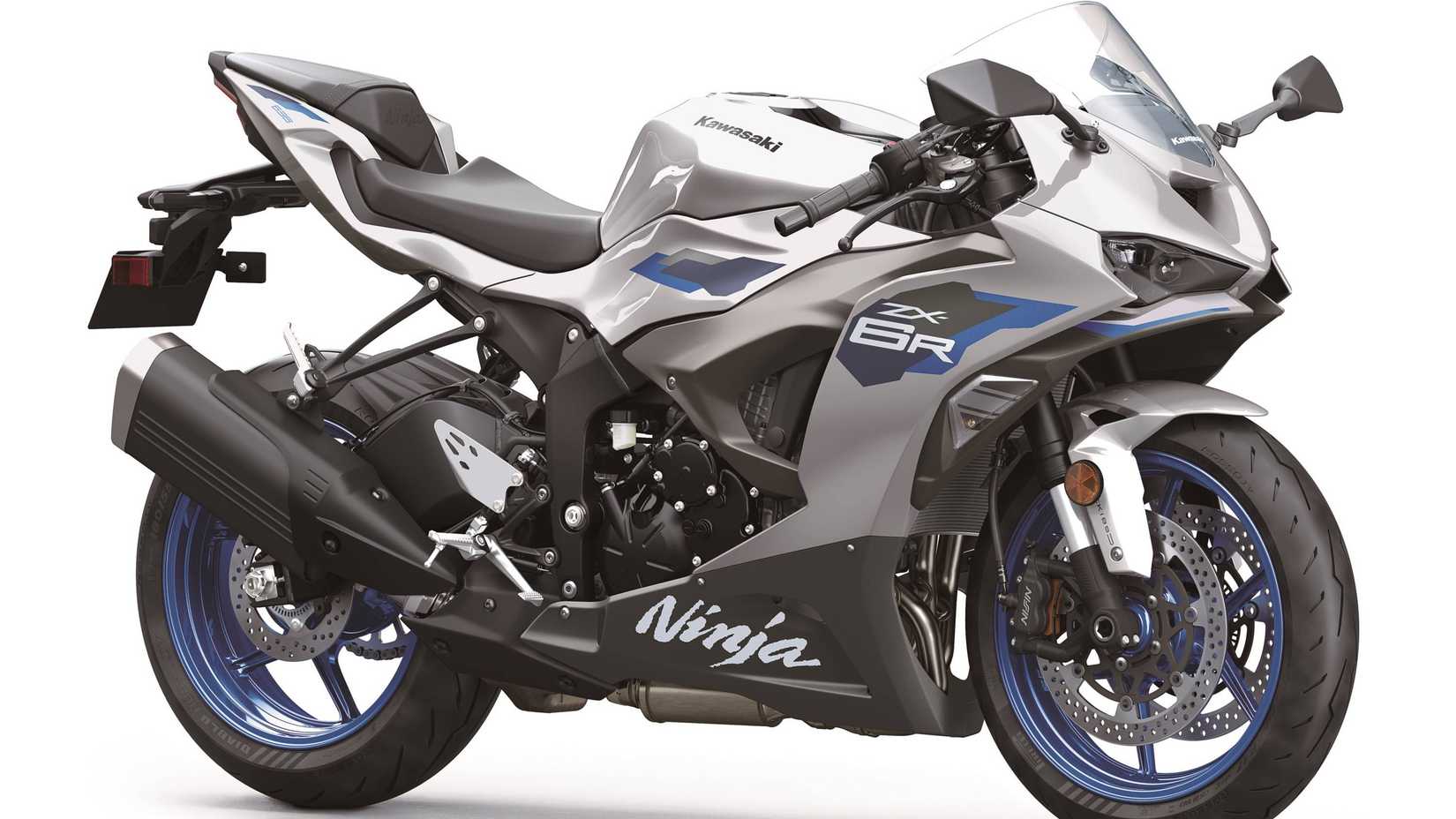 White Blue 2027 Kawasaki Ninja ZX-6R Third-Quarter Studio Shot