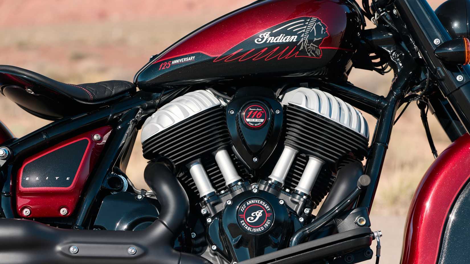 Detail shot of the engine on the 2026 Indian Chief Vintage 125th Anniversary Edition 