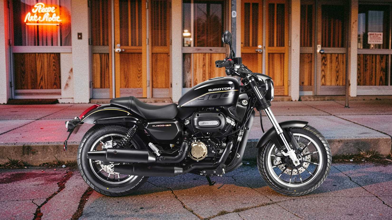 Black 2026 QJMotor SRC300 parked curbside, static profile shot