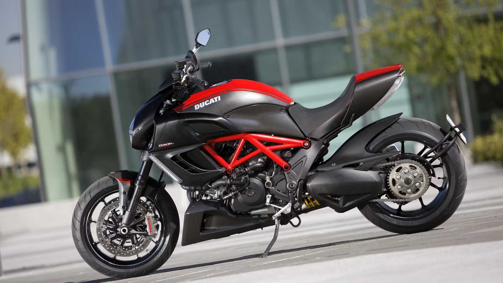 Static shot of 2011 Ducati Diavel parked outside a building