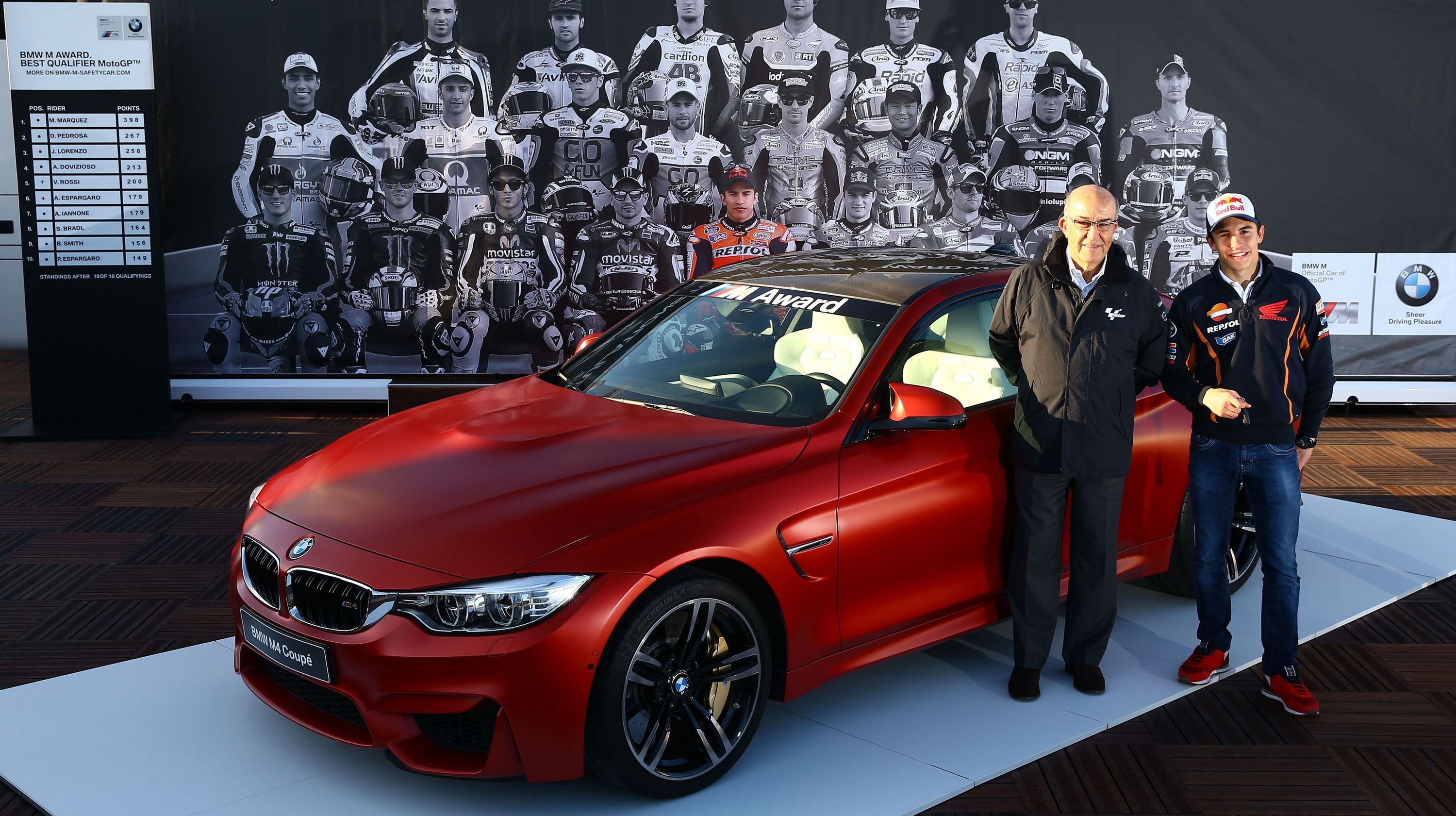  This special-edition BMW M4 Coupe was handed off to Marc Marquez for his 2014 Moto GP Championship. 