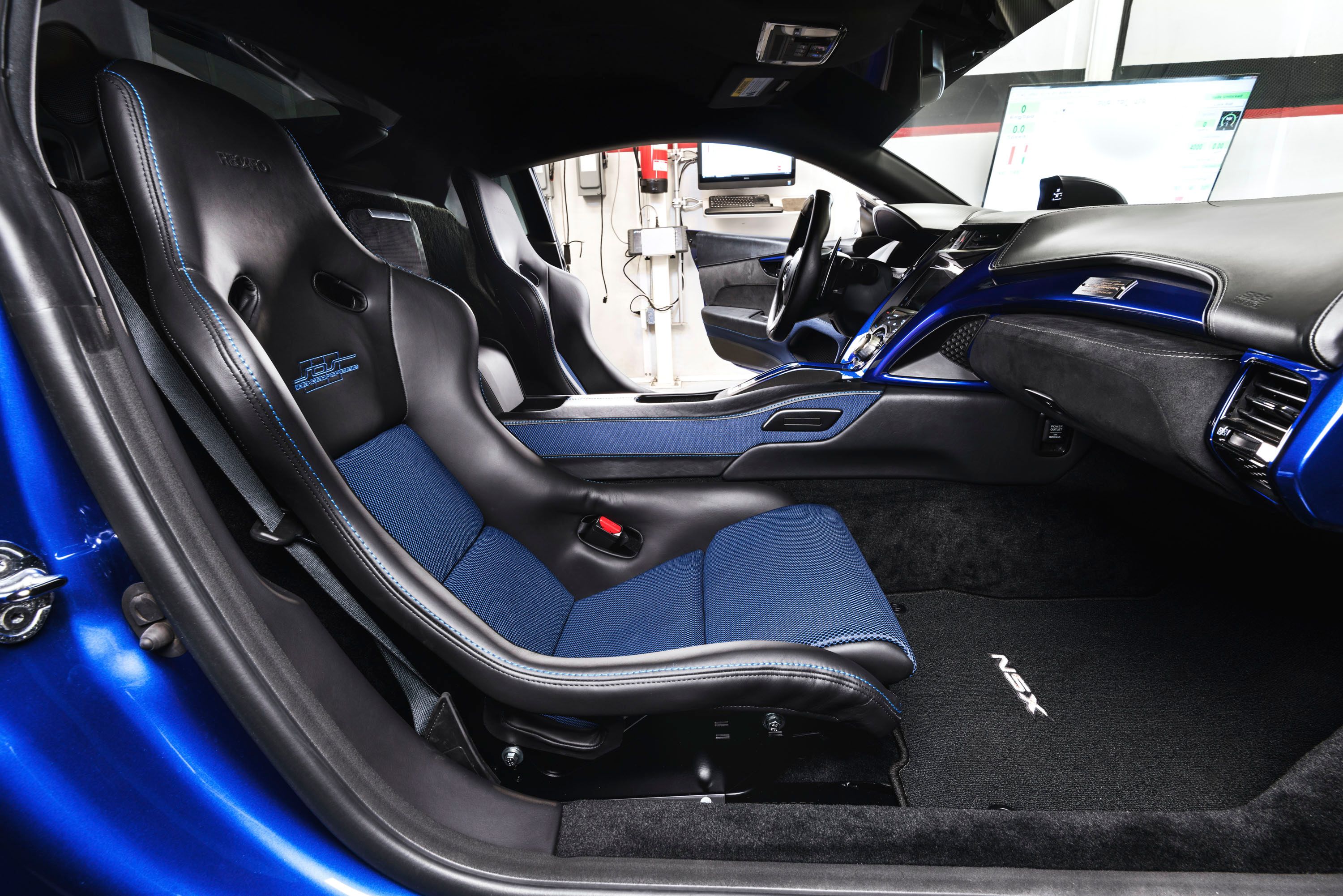 Recaro Pole Position ABE seats wrapped in leather & blue fabric