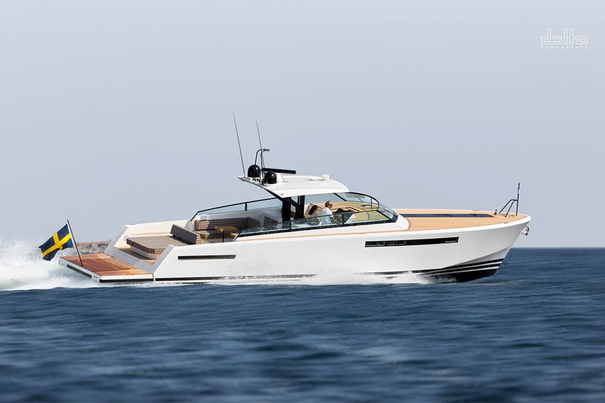 The light weight carbon hull is paired with twin Volvo Penta IPS 800s.