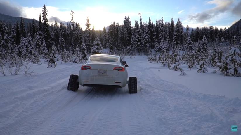 Watch A Tesla Model 3 Equipped With Snowtracks Traverse Over Snow With Ease