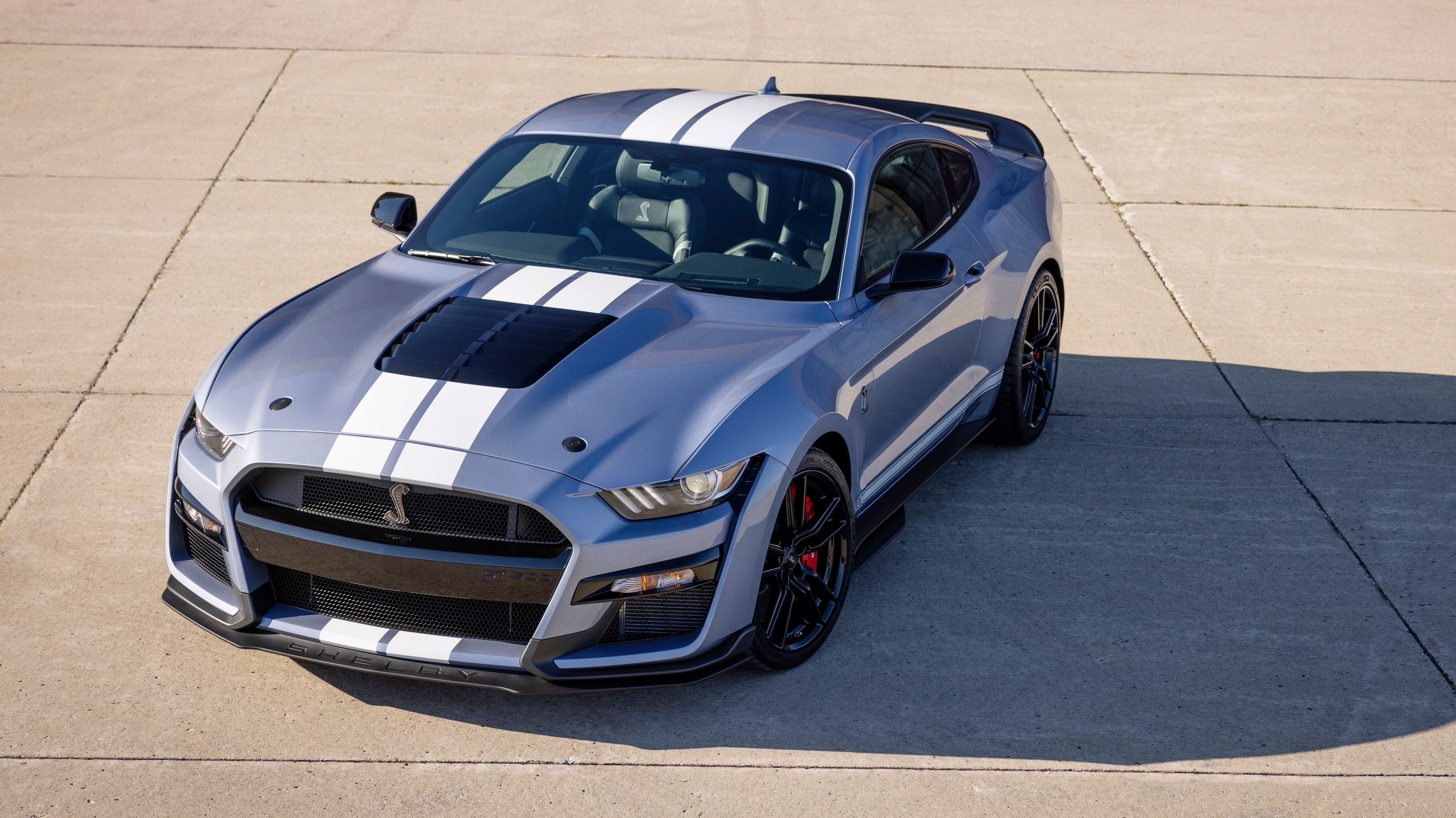 A blue Ford Mustang Shelby GT500 Heritage Edition