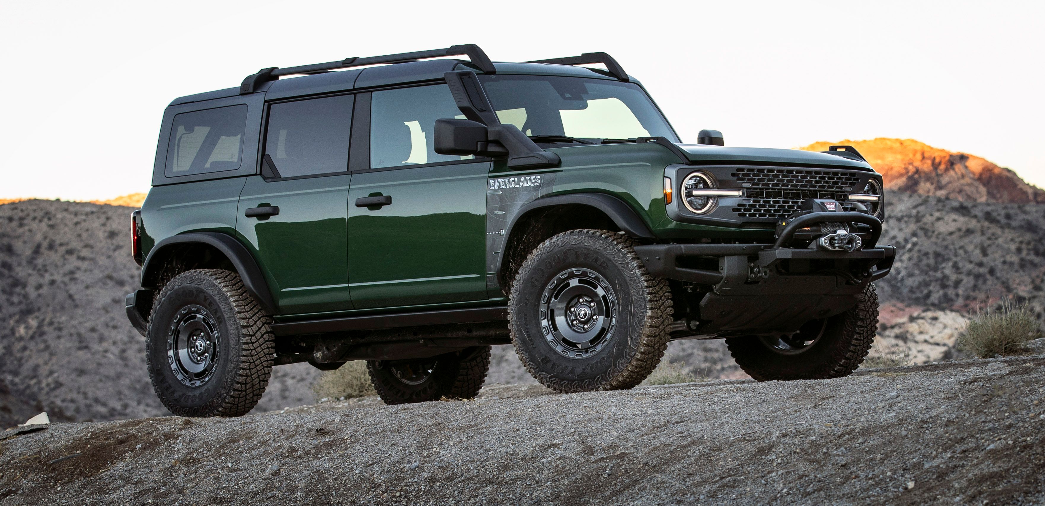 A green Ford Bronco Everglades standing in the open 