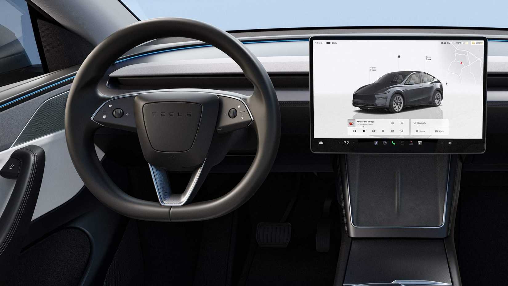 A look inside the front section of 2026 Tesla Model Y Performance's cabin