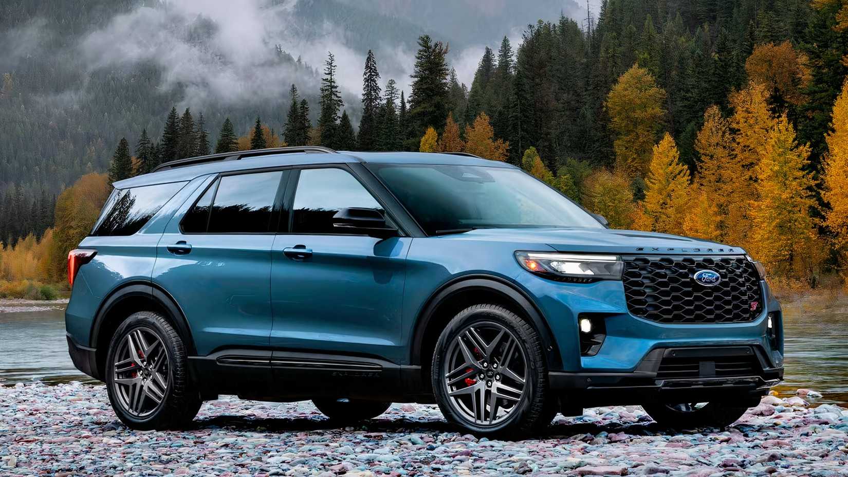2025 Ford Explorer em azul estacionado fora de estrada