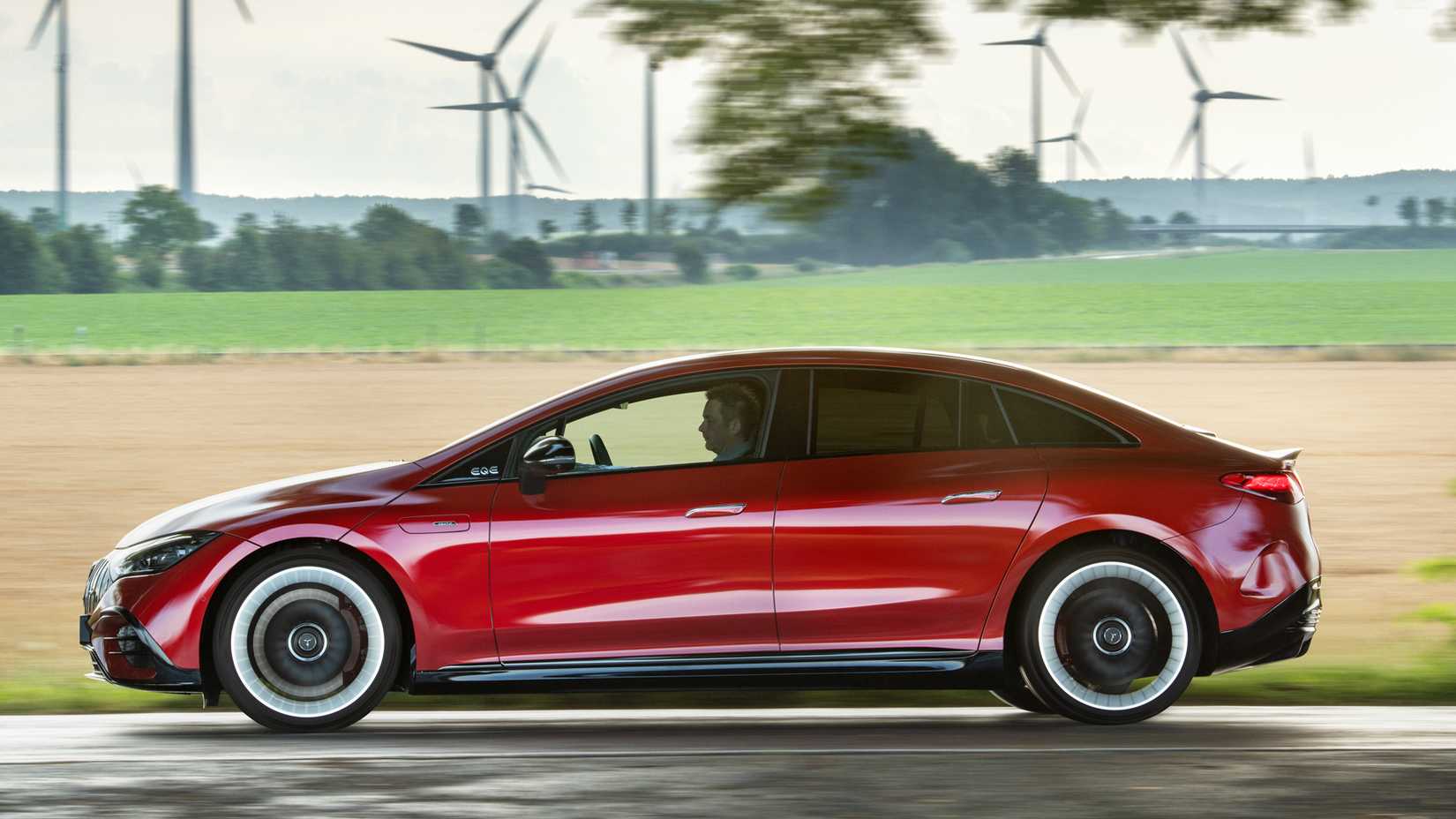 Mercedes-AMG EQE Sedan side profile in red