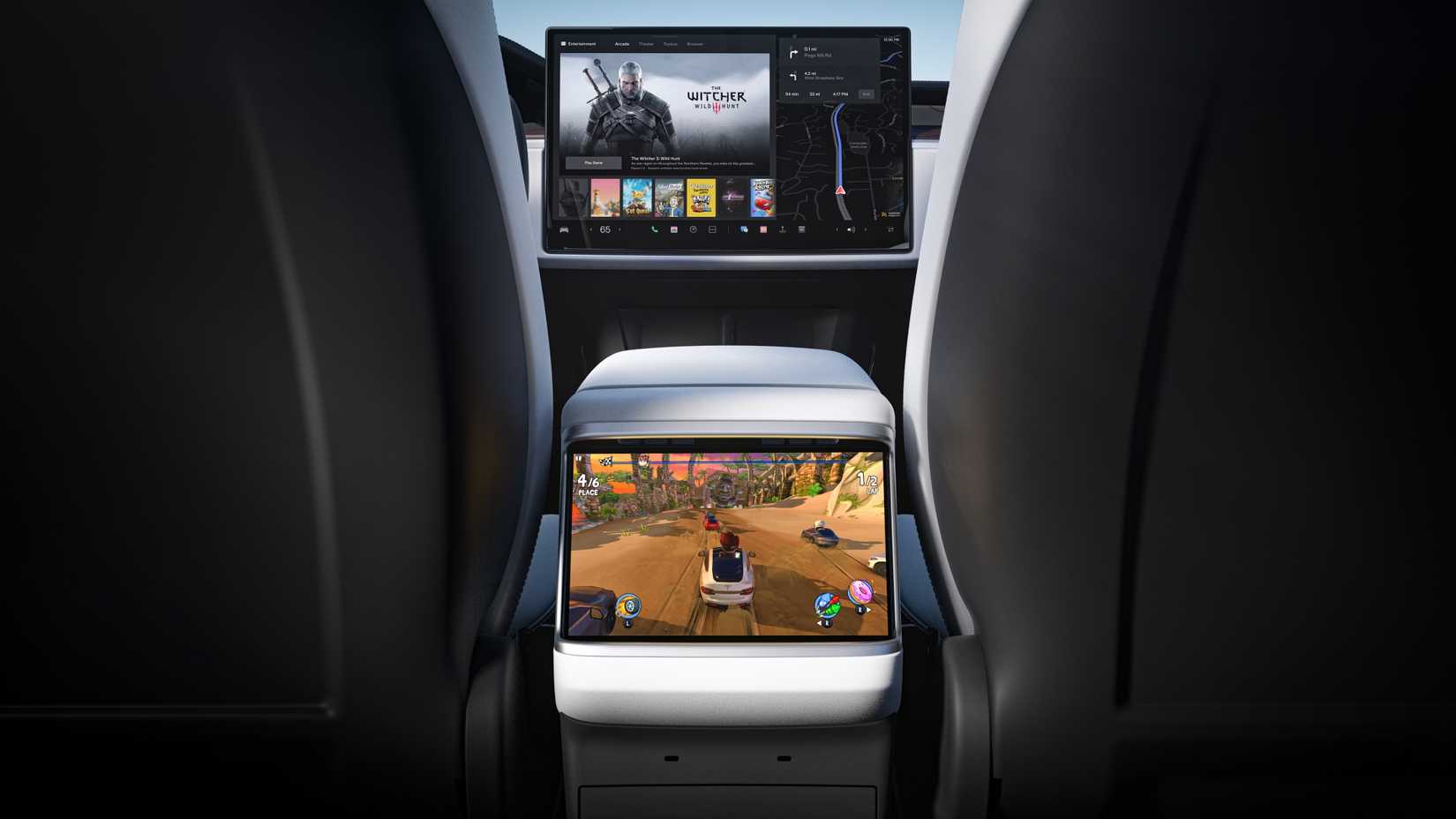 Foto do interior do Tesla Model X 2024 da tela da segunda fila